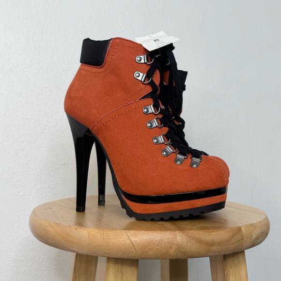 2010s Indie Sleaze Stiletto Hiking Style Boots Orange Size 8 Heels Platform - Picture 2 of 9